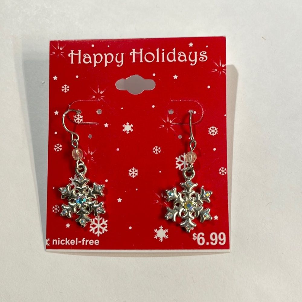 Happy Holidays Snowflake Earrings Nwt New Silver